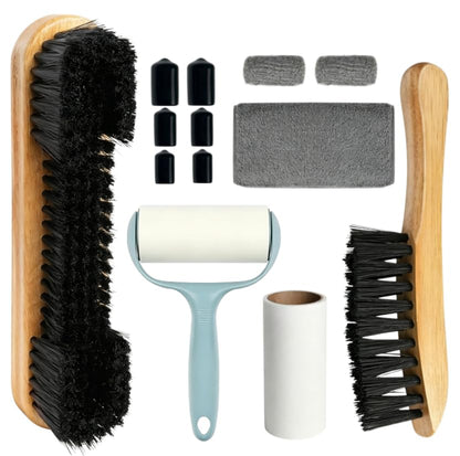 11pices Billiard Table Cleaning Set , including 2 wooden brushes, a cue cleaning cloth, sandpaper for polishing cue tips, a lint roller, a cue tip protector, three-finger gloves and a storage bag