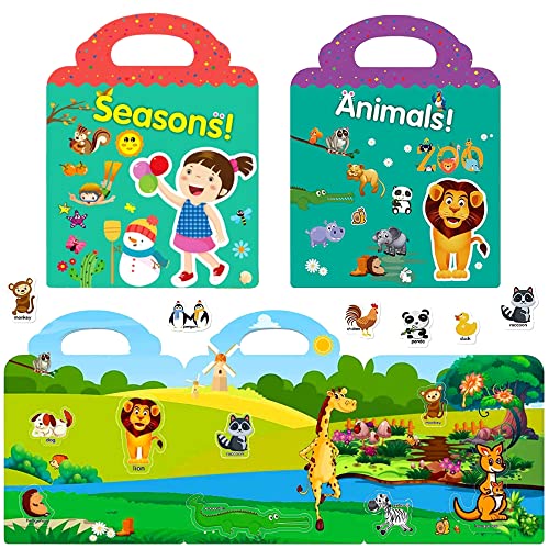 Reusable Sticker Book for Kids, 3 Sets Educational Learning Toys Travel Stickers Activity Books for Toddler Girls Boys Age 3+ Birthday Gifts - Farm, Season & Animals - style: Farm + Animal + Season