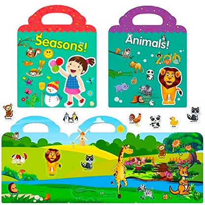 Reusable Sticker Book for Kids, 3 Sets Educational Learning Toys Travel Stickers Activity Books for Toddler Girls Boys Age 3+ Birthday Gifts - Farm, Season & Animals - style: Farm + Animal + Season