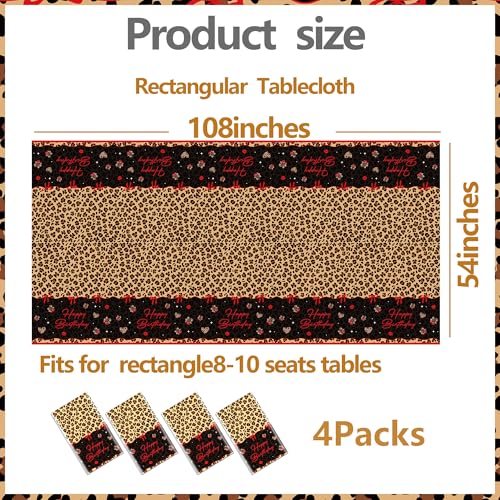 4 Pcs Cheetah and Cherry Birthday Tablecloths, Red and Black Leopard Print Disposable Plastic Table Cover for Bridal Shower Bachelorette Birthday Party Supplies, 54 x 108 Inches - color: Red Cherry