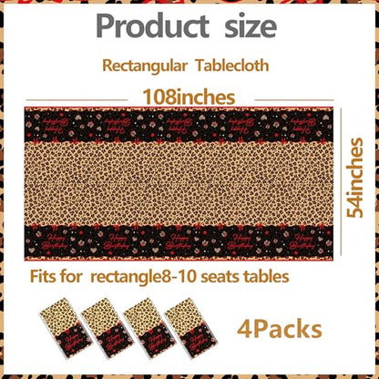 4 Pcs Cheetah and Cherry Birthday Tablecloths, Red and Black Leopard Print Disposable Plastic Table Cover for Bridal Shower Bachelorette Birthday Party Supplies, 54 x 108 Inches - color: Red Cherry