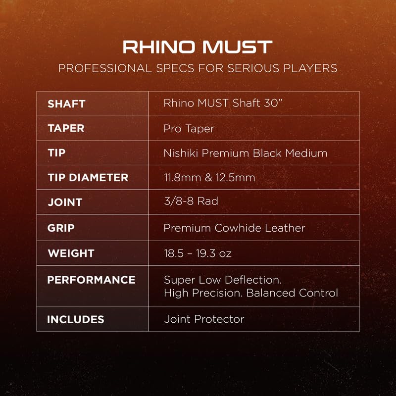RHINO Must Carbon Fiber Pool Cue, Super Low Deflection Shaft 30”, 3/8-8 Joint, Nishiki Japan Tip 11.8mm/12.5mm, Professional Billiards Cue - size: 12.5 mm