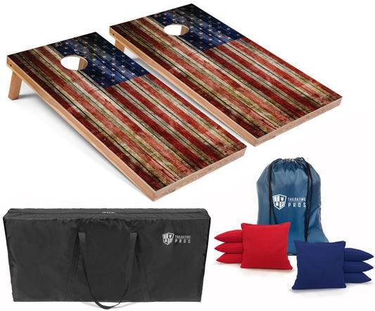 Tailgating Pros American Flag Wooden Plank Design Cornhole Board Set w/Bean Bags and Carrying Case - 4'x2' Corn Hole Toss Game - color: Red / Royal