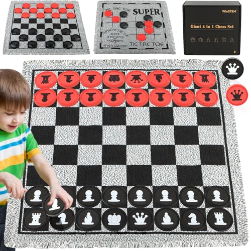 Giant 4 in 1 Chess Set,Jumbo Chess & Giant Checkers & Large Tic Tac Toe, Giant Chess Board Game for Kids Adults,Including 2 Extra Queen,Large Checkers Rug Game Mat, Indoor Outdoor Games Camping Party