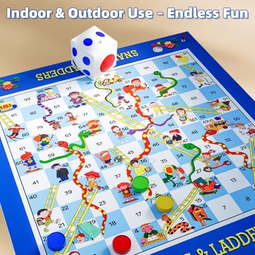 Giant Snakes and Ladders Floor Game for Kids - 5.8 ft Extra-Large Indoor Outdoor Mat with Game Pieces & Inflatable Dice, Family Night Board Game Set, Birthday Toy for 3+ Year Old Boys and Girls