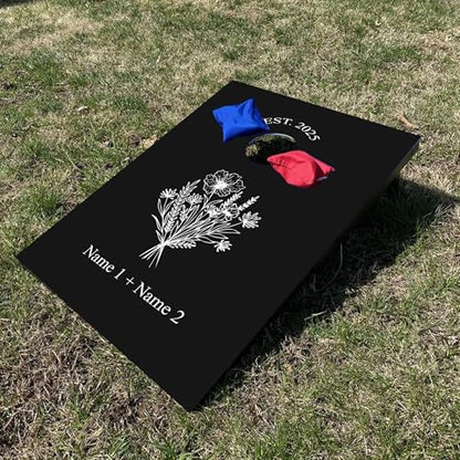 Custom Wedding Cornhole Set Black and White Floral Bag Toss with Personalized Names and Wedding Date - Wedding Reception Games