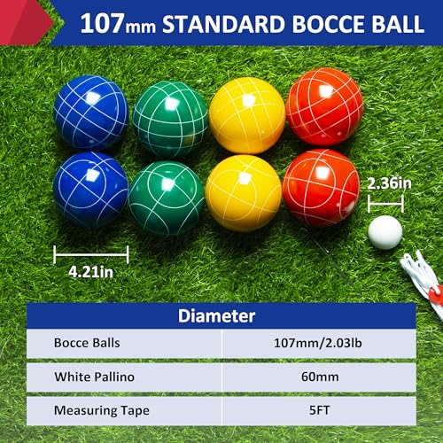ropoda 107mm Bocce Ball Set Regulation Size and Weight with 8 Resin Bocce Balls, Resin Bocci Balls for Professional Tournament Competition, 60mm Pallino, Nine-Grid Shockproof Carrying Bag(2-8 Players) - size: 107mm