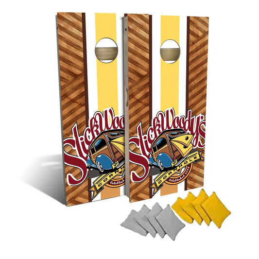 Slick Woody's Professional-Grade Cornhole Boards - 4'x2' Solid Wood Regulation Woodgrain Flag Corn Hole Toss Game with 8 Resin Filled Bags - color: Signature Stripe
