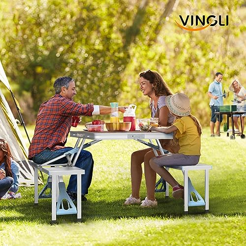 VINGLI 4 Ft Camping Picnic Table Set with 4 Seats with Umbrella Hole Folding Lightweight Suitcase Card Table-220 Lbs Support Aluminum Frame, Plastic RV Tabletop for Barbecue,Travel,Outing,Gathering - color: Natural