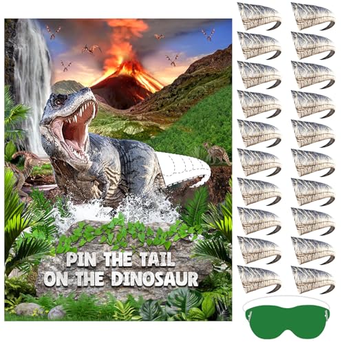 Faccito Pin Tail on Dinosaur Birthday Games Dinosaur Party Decorations Large Poster with 24 Tails Stickers Blindfold Pin Tail Games for Birthday Party Decorations Activities Supplies - style: Dinosaur