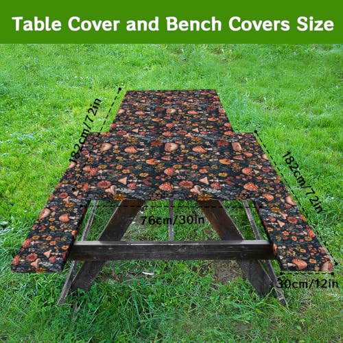 Mushroom Picnic Table Cover with Bench Covers and Carrying Bag, Forest Floral Plant Retro Rectangle Table Cover, Outdoor Patio Camping Essentials 6FT 4PCS, Camping Fitted Tablecloth