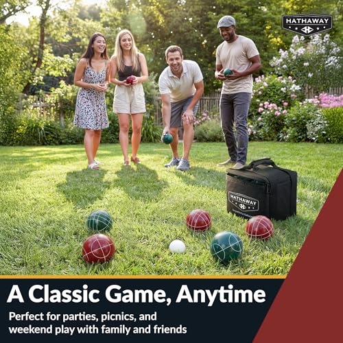 Hathaway Bocce Ball Set - Includes 8 3.5" Resin Bocce Balls, a 1.5" Pallino Ball, Official Rule Book, & Nylon Carrying Bag - Basic Bocce Ball Game Set for Beach Outings, Backyards, & More