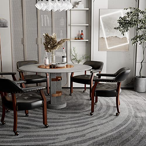 Set of 4 Dining Chair with Casters, Accent Captains Leather Chairs with Wheels & Arms,Wheeled Roller Wood Chairs for Kitchen & Game Poker Table,rCherry&Black 1533BK(NO Table!) - color: Cherry&black