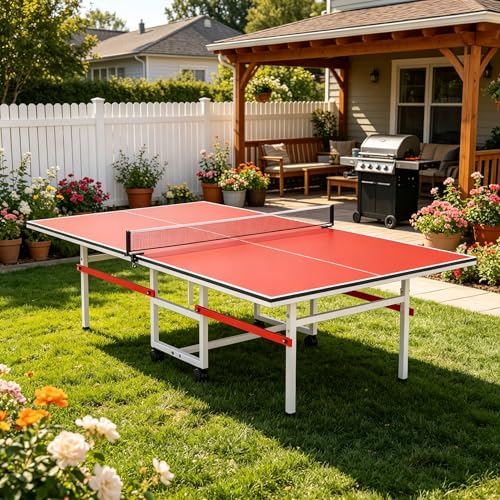 8FT Table Tennis Table with Net, Indoor/Outdoor Professional Ping Pong Table for Kids Adults, Folding Ping Pong Table, Complete Set with Paddles and Balls, School Playground Game Table - color: Red