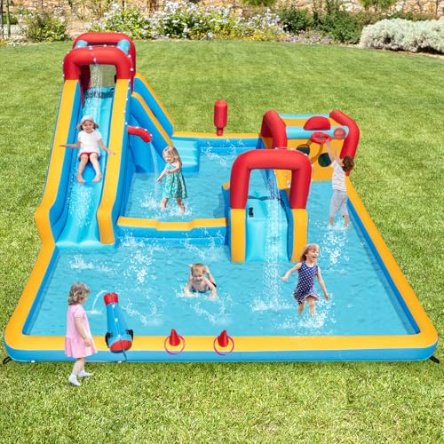 BOUNTECH Inflatable Water Slide Park, 9-in-1 Mega Water Bounce House Bouncy Castle w/2 Large Splash Pools, Basketball, Blow up Water Slide Inflatables for Big Kids Aged 3-12 Backyard Party Gifts - style: Without Air Blower