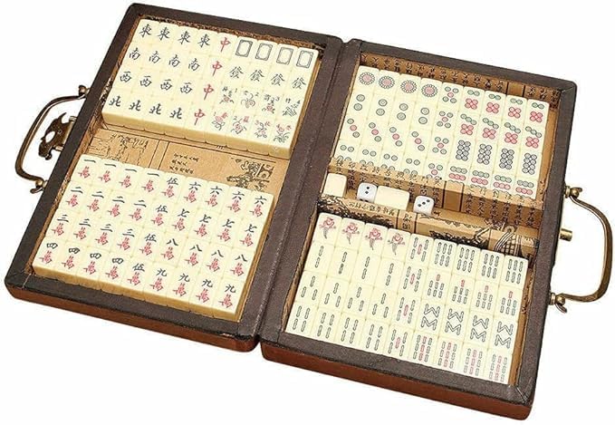 Chinese Mahjong Set | 146PCS Mini Tiles，0.87" x 0.59" x 0.47" Tiles, 2PCS Dot Dice, 6.7" Wooden Carry Case, For Travel, Family Gathering, Party