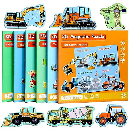 Magnetic Puzzles for Kids Ages 3-5, Travel Toddler Puzzles Ages 4-6 Year, Excavator Refrigerator Magnet for Kids Learning Gift for Road Trip, Activities Toys for 3 4 5 6 Year Old Boys Birthday Gifts - style: Engineering vehicle