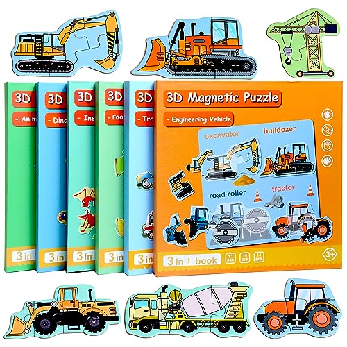 Magnetic Puzzles for Kids Ages 3-5, Travel Toddler Puzzles Ages 4-6 Year, Excavator Refrigerator Magnet for Kids Learning Gift for Road Trip, Activities Toys for 3 4 5 6 Year Old Boys Birthday Gifts - style: Engineering vehicle
