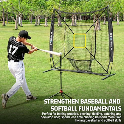 Storgem Baseball and Softball Practice Net 7×7ft Portable Hitting Pitching Batting Training Net Baseball Backstop Net with Batting Tee and Strike Zone and Bow Frame - color: Black