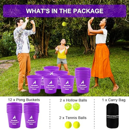 Aivalas Yard Pong Outdoor Games, Giant Yard Games Set with 12 Buckets and Balls for Adults and Family, Toss Game Throwing Games for Beach, Camping, Lawn and Backyard - color: Purple