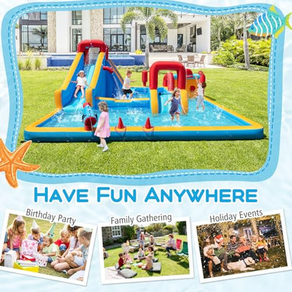 BOUNTECH Inflatable Water Slide Park, 9-in-1 Mega Water Bounce House Bouncy Castle w/2 Large Splash Pools, Basketball, Blow up Water Slide Inflatables for Big Kids Aged 3-12 Backyard Party Gifts - style: Without Air Blower