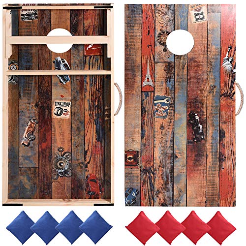 Sportdo Solid Wood Vintage Cornhole Game Set, Two 4'x2'Cornhole Boards, 8 Cornhole Bags for Indoor and Outdoor Toss Games Competitions, Tournaments - style: American Spirit (with Red & Blue Bean Bags)