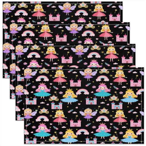 Erosebridal Set of 4 Cartoon Placemats 12X18 Inch,Fantasy Romantic Princess Style Fairy Wand Castle Waterproof Placemats for Girls Children Kids,Rainbow Clouds Floral Flower Love Heart Place Mats - color: Black Pink Yellow Teal