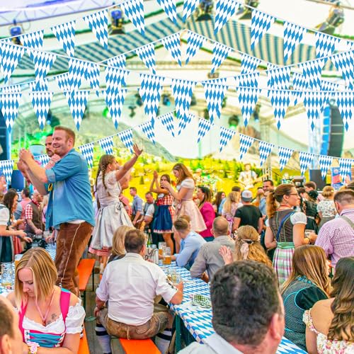 100 FT Oktoberfest Party Decorations, 3 Pack Pre-assemble Pennant Banner Flags, Plastic Blue and White Checkered Hanging Oktoberfest Decor German Bavarian Beer Festival Indoor Outdoor Party Supplies - style: Oktoberfest