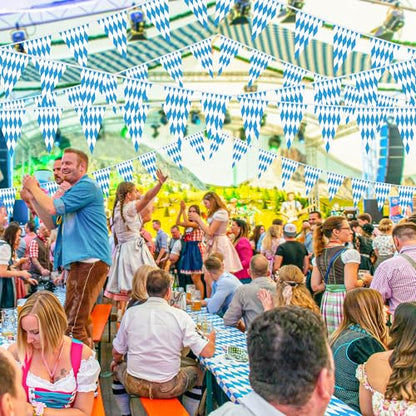 100 FT Oktoberfest Party Decorations, 3 Pack Pre-assemble Pennant Banner Flags, Plastic Blue and White Checkered Hanging Oktoberfest Decor German Bavarian Beer Festival Indoor Outdoor Party Supplies - style: Oktoberfest