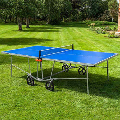 Vermont TS100 Outdoor Table Tennis Table | Portable Regulation-Size Ping Pong Table with Steel Frame & 360° Wheels | Optional Bat & Ball Sets for All Skill Levels - style: Table + Intro Set