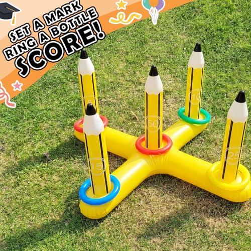 Skylety 3 ft Back to School Inflatable Pencil Ring Toss Game with 5 Colorful Rings Pool Ring Toss Toys for Family Summer Pool Birthday Party Inflatable Games Giant Outdoor Lawn & Yard