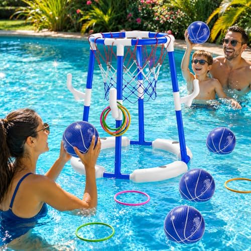 2-in-1 Pool Basketball Hoop & Ring Games with 4 Balls 12 Rings and Pump, Summer Water Outdoor Party Swimming Pool Toys Games for Kids Ages 4-8 8-12 Adult, Family Water Party Birthday Games Toys - style: 2-in-1 Pool Basketball Hoop（Blue）