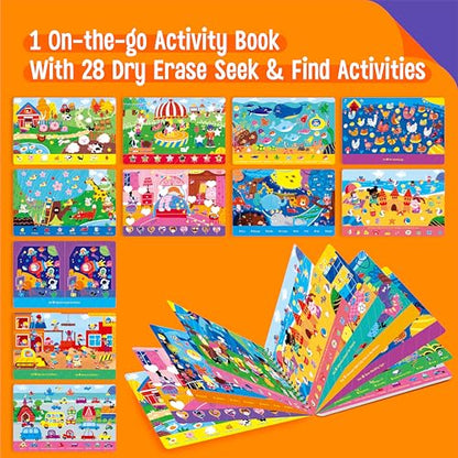 SpriteGru 28 Dry Erase Activities Book, Reusable & Erasable Game Pad, Explore and Find Games Interesting Educational Toy and Learning Tool for Road Trip Airplane Travel - style: Explore & Find