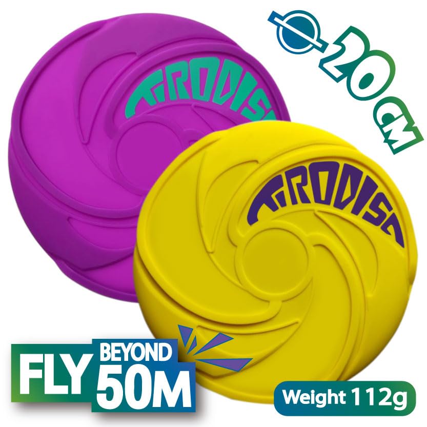 AMAZING TOYZ Tirodisc Frisbee 2-Pack- 20cm Easy Catch Foldable Pocket Flying Disc, Soft Silicone for Kids/Adults Beginner, Waterproof Beach Pool Outdoor Gift Age3+ - color: Purple and Yellow