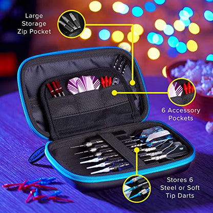 Casemaster Sentinel 6 Dart Case, Holds Extra Accessories, Tips, Shafts and Flights, Compatible with Steel Tip and Soft Tip Darts, Impact & Water Resistant Tactech Shell, Blue Zipper - color: Blue