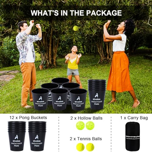 Aivalas Yard Pong Outdoor Games, Giant Yard Games Set with 12 Buckets and Balls for Adults and Family, Toss Game Throwing Games for Beach, Camping, Lawn and Backyard - color: Black