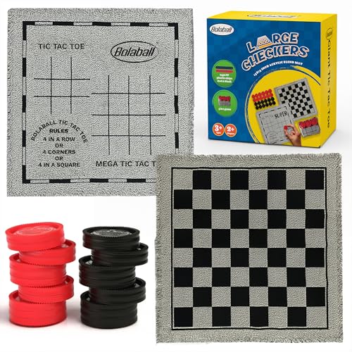 Bolaball 3-in-1 Jumbo Checkers & Tic Tac Toe Game Set with Carry Bag – Giant Outdoor Board Games, Family Games, Reversible 13" x 13" Board, 24 Easy-Grip Chips - style: Large Checker