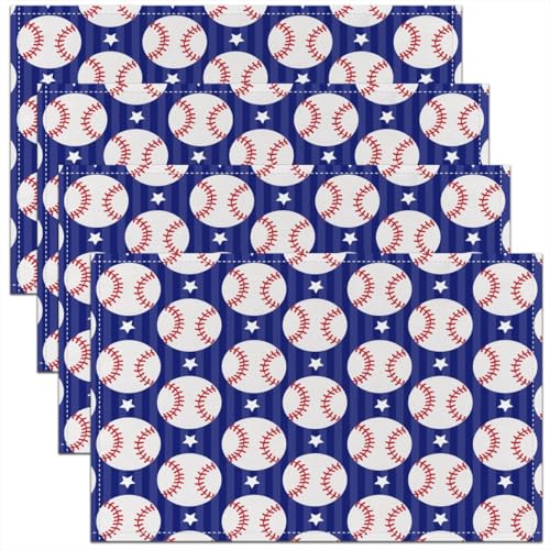 Baseball Kids Placemats Set of 4,Geometric Star Stripes Patchwork Table Place Mats,Ball Sport Games Competition Kitchen Decor,Red White Placemat Kitchen Table Decoration 12"x18" - color: Red White