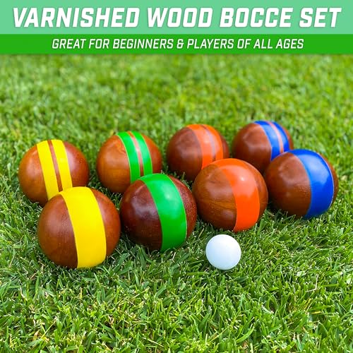 GoSports 100 mm Hardwood Bocce Set with 8 Premium 12 oz Wood Balls, Pallino, Case and Measuring Rope
