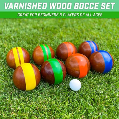 GoSports 100 mm Hardwood Bocce Set with 8 Premium 12 oz Wood Balls, Pallino, Case and Measuring Rope