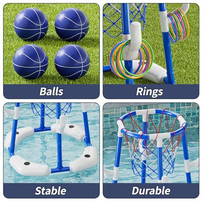 JUKUDAHU Pool Basketball Hoop, Boy Pool Toys for Kids Ages 4-8, 2-in-1 Floating Pool Ring Game with 4 Balls and Pump, Outdoor Swimming Water Play Toy, Summer Water Toys for Kids Adults Age 3-12 - color: Blue