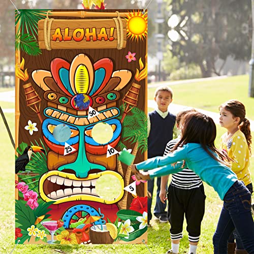 Luau Party Games Hawaiian Tiki Party Toss Games Banner with 3 Bean Bags Totem Decor for Summer Tropical Carnival Supplies