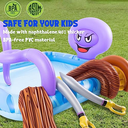 Inflatable Play Center, Inflatable Octopus Spray Pool with Base Pool, Slide, Wooden Block, Octopus Blow up Water Slides for Kids Adults Outdoor Backyard - size: 84"