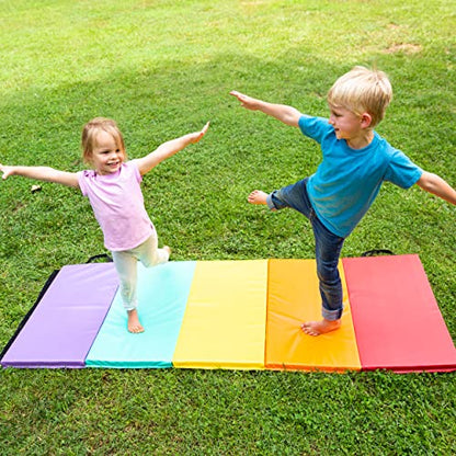 Hearthsong Tumbling Mat for Kids, 5-Panel Thick 1.25" Foldable Exercise Mat for Yoga, Pilates, Stretching, Folding Gymnastics Mats at Home, Gym Workout - color: Rainbow