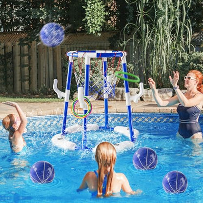 2-in-1 Pool Basketball Hoop & Ring Games with 4 Balls 12 Rings and Pump, Summer Water Outdoor Party Swimming Pool Toys Games for Kids Ages 4-8 8-12 Adult, Family Water Party Birthday Games Toys - style: 2-in-1 Pool Basketball Hoop（Blue）