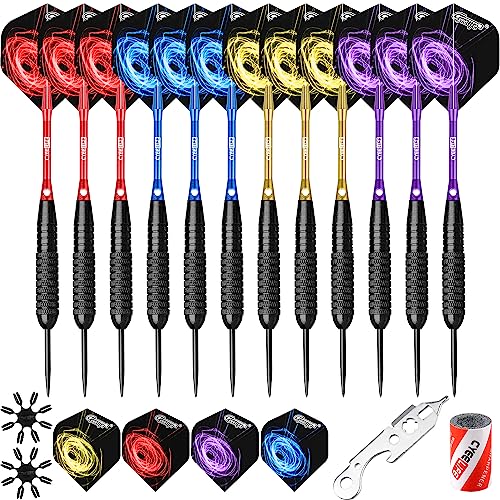 CyeeLife Steel tip Darts Set 22g with Aluminium Shafts(4 Colors)+16 Protectors and Flights+Sharpener+Tool,12 Packs(4 Sets) for 4 Beginners