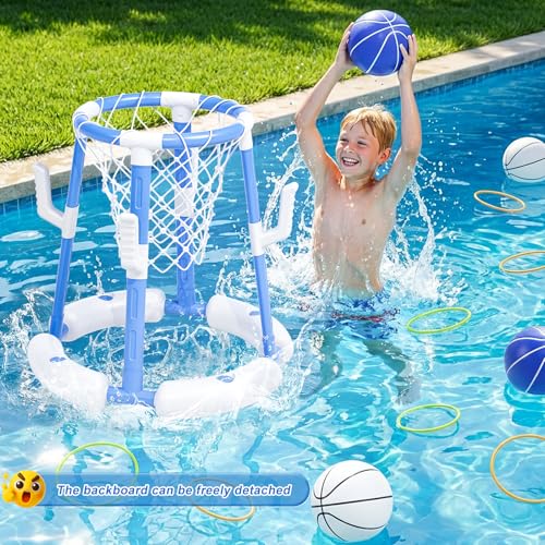 2 in 1 Pool Basketball Hoop with Backboard & Ring Toss Game,Floating Pool Toys with 4 Balls 8 Rings&Pump Summer Water Basketball Indoor Outdoor Toy Gifts Family Party for Kids Age 3-5 4-8 8-12& Adult - size: with backboard