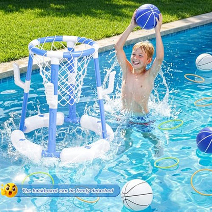 2 in 1 Pool Basketball Hoop with Backboard & Ring Toss Game,Floating Pool Toys with 4 Balls 8 Rings&Pump Summer Water Basketball Indoor Outdoor Toy Gifts Family Party for Kids Age 3-5 4-8 8-12& Adult - size: with backboard