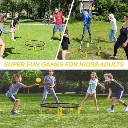 Outdoor Beach Ball Game Includes 3 Balls, Net and Carrying Bag -Roundnet Game Set for Adults, Kids, and Family - Perfect for Beach, Yard, Lawn, Backyard, and Park - color: Black and Yellow
