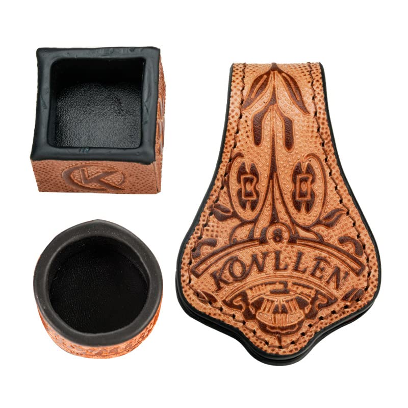 KONLLEN Leather Engraved Chalk Holder Magnetic Vegetable Tanned Leather Pool Cue Snooker Silent Billiard Accessories - color: 02vt Round-square Holder-brown